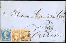 Obl. 14B+ 13B X2 -- 20c. Bleu + 10c. Bistre, Piquage Susse, Obl. S/lettre Frappée Du CàD PARIS Du 18 Août 1862 à Destina - 1853-1860 Napoleon III