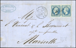 Obl. 14Ba -- Paire Du 20c. Bleu S/vert Obl. Losange BS2 S/lettre Frappée Du CàD PARIS BUREAU B2 (60) Du 12 Avril 1861 à  - 1853-1860 Napoleon III