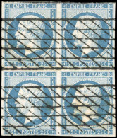 Obl. 15 -- 25c. Bleu. Bloc De 4 Obl. Grille Sans Fin. Grande Fraicheur. SUP. R. - 1853-1860 Napoléon III.