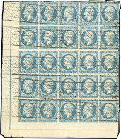 Obl. 15 -- 25c. Bleu. Bloc Reconstitué De 25 Timbres Avec Filet D'encadrement. Obl. Grille Sans Fin. Très Frais. Pièce R - 1853-1860 Napoléon III