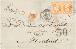 Obl. 16 -- Paire Du 40c. Orange Obl. Grille S/lettre Frappée Du CàD De BAYONNE Du 20 Mars 1860 à Destination De MADRID - - 1853-1860 Napoléon III