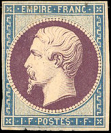 (*) 18 -- 1F. Bicolore Bleu Et Violet. Essai. Aminci. B. R. - 1853-1860 Napoléon III