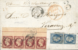 Obl. 18 + 10 -- Bande De 4 Du 1F. Carmin, Haut De Feuille Avec Filet D'encadrement, + Paire Verticale Du 25c. Bleu (1 Ti - 1853-1860 Napoleon III