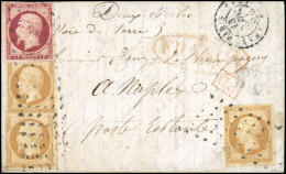 Obl. 18+ 13A -- 1F. Carmin + 3 X 10c. Bistre Obl. Grille Sans Fin S/lettre Frappée Du CàD De PARIS (60) Du 13 Janvier 18 - 1853-1860 Napoléon III.