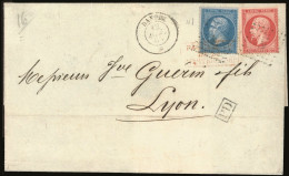 Obl. 22 + 24 -- 20c. Bleu + 80c. Orange Obl. Ancre S/lettre Frappée Du CàD Du Paquebot DANUBE Du 12 Avril 1865 à Destina - 1862 Napoléon III