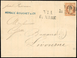 Obl. 23 -- 40c. Orange Obl. Griffe PD De LIVOURNE S/lettre Manuscrite De MARSEILLE Du 15 Octobre 1864, Frappée De La Gra - 1862 Napoléon III.
