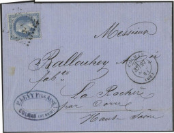 Obl. 29B -- 20c. Bleu Obl. S/ Lettre Frappée Du CàD De COLMAR 27 Septembre 1868 à Destination De La HAUTE-SAONE. Cachet  - 1863-1870 Napoleon III Gelauwerd