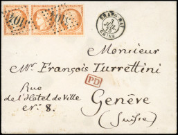Obl. 38 -- Bande De 3 Du 40c. Orange Obl. GC 5104 S/lettre Frappée Du CàD De SHANGHAI Du 3 Juillet 1875 à Destination De - 1870 Beleg Van Parijs