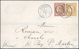 Obl. 55b + 55 -- Erreur Du 15c. Brun S/rose + 15c. Bistre Obl. S/lettre Frappée Du CàD De MARSEILLE Du 3 Août 1876 à Des - 1871-1875 Ceres