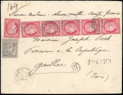 Obl. 57+ 66 -- Bande De 5 Du 80c. Rose + 1 Unité + 15c. Gris Obl. S/lettre Chargée Frappée Du CàD De PARIS Du 5 Juillet  - 1871-1875 Ceres