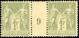 * 82 -- 1F. Olive-clair. Paire Millésime ''9''. Pli Sur 1 Timbre Sinon TB. - 1876-1878 Sage (Type I)