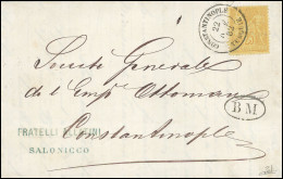 Obl. 92 -- 25c. Bistre S/jaune Obl. S/lettre Locale Frappée Du CàD De CONSTANTINOPLE Du 22 Novembre 1882 Et Du Cachet Ov - 1876-1878 Sage (Type I)