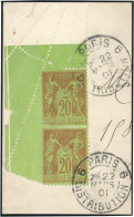 Obl. 96 -- 20c. Brique S/vert. Paire Verticale Obl. S/fragment. Coin De Feuille. ND à Gauche Suite à Une Variété De Piqu - 1876-1878 Sage (Type I)