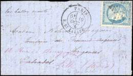 Obl. 37 -- LA GARIBALDI. 20c. Siège Obl. étoile S/lettre Frappée Du CàD De PARIS - R. ST-LAZARE Du 19 Octobre 1870 à Des - War 1870