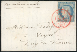 Obl. 37 -- VILLE DE CHATEAUDUN. 20c. Siège Obl. S/lettre Frappée Du Cachet Rouge De PARIS (SV) Du 5 Novembre 1870 à Dest - Guerra Del 1870