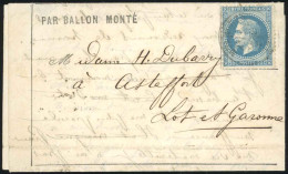 Obl. 29 -- LA GIRONDE. 20c. Lauré Obl. S/formule Imprimée De PARIS Du 6 Novembre 1870 à Destination D'ASTAFFORT - LOT-ET - Krieg 1870