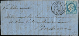 Obl. 37 -- LE JACQUARD. 20c. Siège Obl. S/lettre Frappée Du CàD De PARIS - R. DE BONDY Du 24 Novembre 1870 à Destination - War 1870