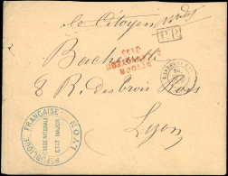 Obl. Lettre En Franchise, Avec Correspondance, Frappée Du Grand Cachet Bleu REPUBLIQUE FRANCAISE - GARDE NATIONALE - ETA - Guerre De 1870