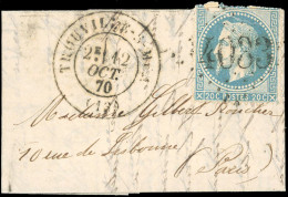 Delcampe - Obl. 29 -- 20c. Lauré Obl. GC 4033 S/lettre Frappée Du CàD De TROUVILLE-SUR-MER Du 12 Octobre 1870 à Destination De PARI - War 1870