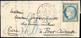 Obl. 37 -- 20c. Siège Obl. étoile 3 S/lettre Frappée Du CàD De PARIS - PL. DE LA MADELEINE Du 30 Janvier 1871 à Destinat - Guerre De 1870