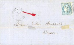 Obl. 45 -- 20c. Bleu Obl. S/lettre Frappée Du Cachet Convoyeur OUED - RIOU à Destination D'ORAN. Arrivée Le 4 Mars 1871. - 1849-1876: Classic Period