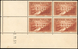 ** 262 -- 20F. Pont Du Gard Chaudron. Type IIB. Bloc De 4. Coin Daté Du 3.11.1931. SUP. - Other & Unclassified