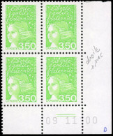 ** 3092 -- Marianne De Luquet. 3F.50 Vert-jaune. Bloc De 4. Coin De Feuille Daté Du 09.11.00. Maculation + Une Seule Ban - Other & Unclassified