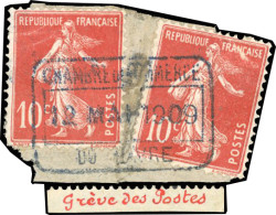 Obl. Grève Des Postes De 1909. 2 X Timbre N° 138, 10c. Rouge Type Semeuse S/fragment Obl. Chambre Du Commerce Du Havre D - Autres & Non Classés