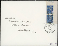 Obl. 4 -- Paire Du 50c. Bleu Obl. Cachet De Dunkerque Sur Lettre Frappée Du CàD De GHYVELDE Du 17 Juillet 1940 à Destina - War Stamps