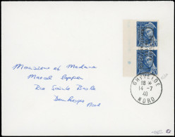Obl. 4 -- Paire Du 50c. Bleu, Bord De Feuille, Obl. Du CàD De GHYVELDE Du 14 Juillet 1940 à Destination De DUNKERQUE. Ar - War Stamps