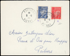 Obl. 5 + 11 -- POITIERS. 1F. Rouge + 4F. Bleu Type II Obl. S/lettre Locale Frappée Du CàD De POITIERS Du 9 Septembre 194 - Liberation