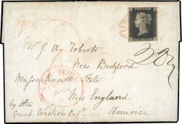 Obl. SG#2 -- N°2, 1d. Black. Plate 6. Lettered F-B Cancelled With Red Maltese Cross On Cover To NEW BEDFORD – USA. On Th - Other & Unclassified