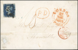 Obl. SG#4 -- 2p. Deep Blue Used On Partial Cover With LONDON 27 MAR 1845 Sent To MARSEILLE - FRANCE With 10d. Due Manusc - Other & Unclassified
