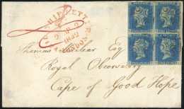 Obl. SG#Spec DS6 -- 1842. Entire To Cape Of Good Hope Franked With Block Of 4. 1840 2d. Pale Blue Plate 1, N-K / O-L Can - Other & Unclassified