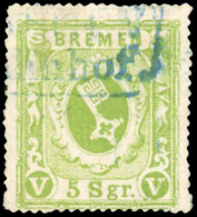 Obl. 9 -- 5s. Vert-jaune. Obl. Bleu. Signé RICHTER. TB. - Brême