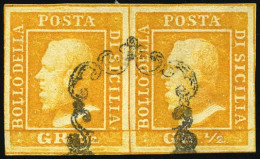 Obl. 18 -- 1/2g. Jaune-orange. Paire. Obl. Centrale. TB. - Sicily