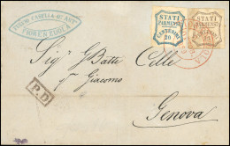 Obl. 13 + 14 -- 10c. Brun + 20c. Bleu Obl. S/lettre Frappée Du Grand CàD Rouge FIORENZOLA Du 3 OTTOB. 1859 à Destination - Parma