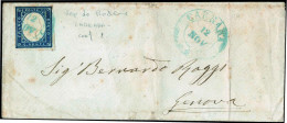 Obl. 12 -- 20c. Bleu Foncé Obl. S/lettre Frappée Du CàD En Bleu De CARRARA Du 12 Novembre 1860 à Destination De GENES -  - Sardinia