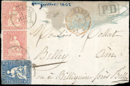 Obl. Zu#23+ 24x2 -- 10Rp. Bleu + 15Rp. Rose-carmin X 2. Obl. De LAUSANNE Du 1 Juillet 1862 S/devant De Lettre à Destinat - Sonstige & Ohne Zuordnung