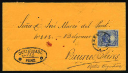 Obl. 80 -- PUNO. 20c. Bleu Obl. PUNO Du 17 Octobre 1887 S/lettre Recommandée à Destination De BUENOS AIRES - ARGENTINE.  - Peru