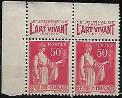 France 1932-33 Type "Paix" Avec Pub L'Art Vivant Nº 283, 1 Pair Neuf Avec Signal Charnière - Ongebruikt