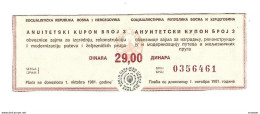 Bosnia- Herzegovina Annuity Coupon 29 Dinara 1 October 1981  Ref86 - Bosnia And Herzegovina