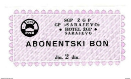 Bosnia- Herzegovina Sarajevo Hotel ZGP Bon 2 Dinara   Ref 95  Unc - Bosnia And Herzegovina