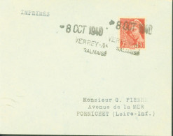 Guerre 40 Débâcle Oblitération Provisoire De Fortune Verrey Sous Salmaise 8 OCT 40 Cote D'Or YT Mercure N°412 - Guerre De 1939-45