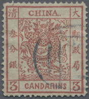 China: 1882, Large Dragon Thick Paper 3 Ca. Red, Canc. Blue Seal - 1912-1949 República