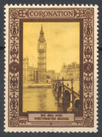 CLOCK Tower Westminster Bridge Thames River BIG BEN King George Coronation BRITAIN 1937 LABEL VIGNETTE CINDERELLA London - Orologeria