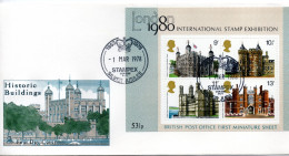 UK, GB, Great Britain, FDC, 1978, Michel Bl 2, STAMPEX, International Stamp Exhibition , London 1980, Historic Buildings - 1971-1980 Decimal Issues