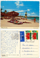 Bahamas 1974 Postcard Holiday Inn Beach - Freeport; 7c. QEII & Hibiscus Flowers Stamps, Pair - Bahama's