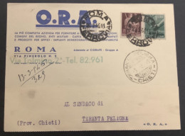 Italy. A188. Roma. 1946. Cartolina Postale PUBBLICITARIA O.R.A. Per Taranta Peligna, Con Democratica - Marcophilie