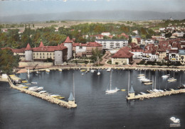 CARTOLINA  MORGES,VAUD,SVIZZERA-EN AVION AU-DESSUS DE...MORGES ET SON CHATEAU-BOLLO STACCATO,VIAGGIATA 1964 - Morges